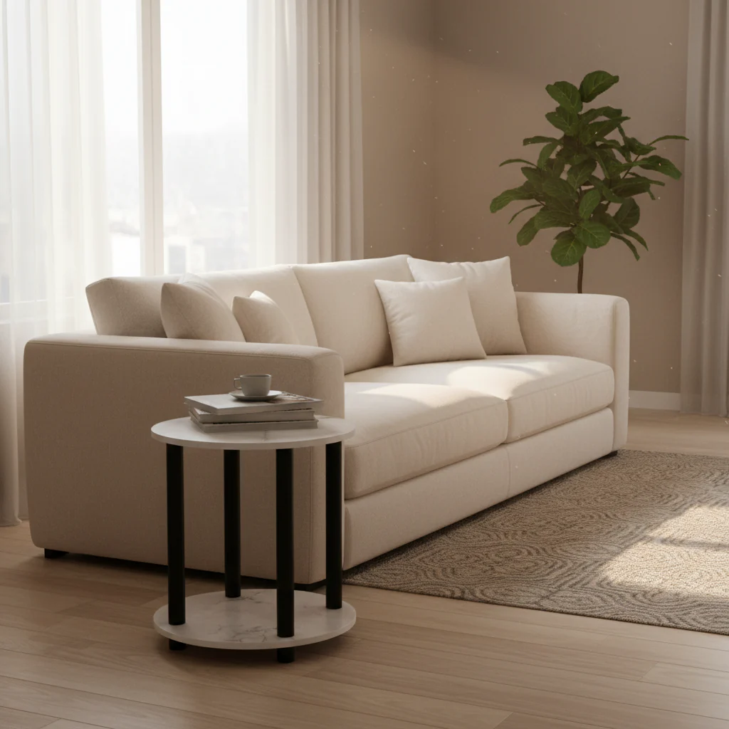 2-Tier Round Wooden End Table, Marble White