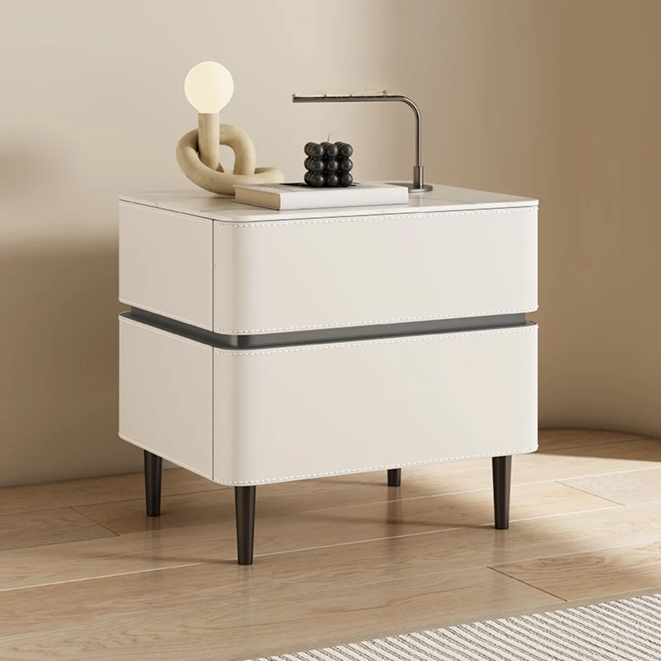 Modern Faux Marble Top Leather Rounded 2-Drawer Nightstand