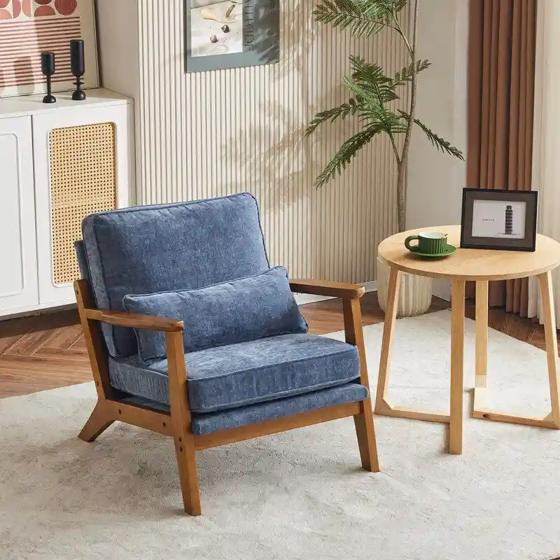 Upholstered Linen Blend Accent Chair with Wooden Legs and Pillow, Beige