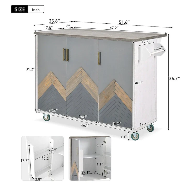 Retro Mountain Wood Kitchen Island with Drop Leaf, Storage Rack