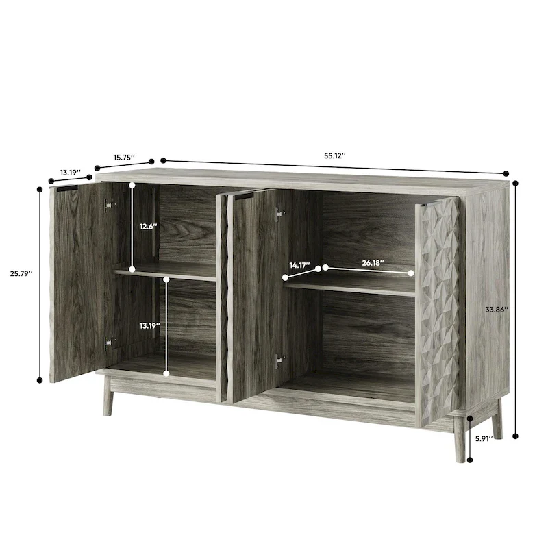 Gray Modern Sideboard – 4 Diamond-Relief Doors, 3 Adjustable Shelves, 1 User
