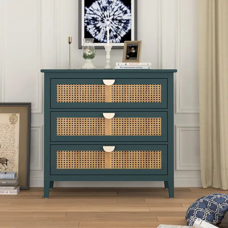 Green / Grey Rattan 3-Drawer Storage Cabinet