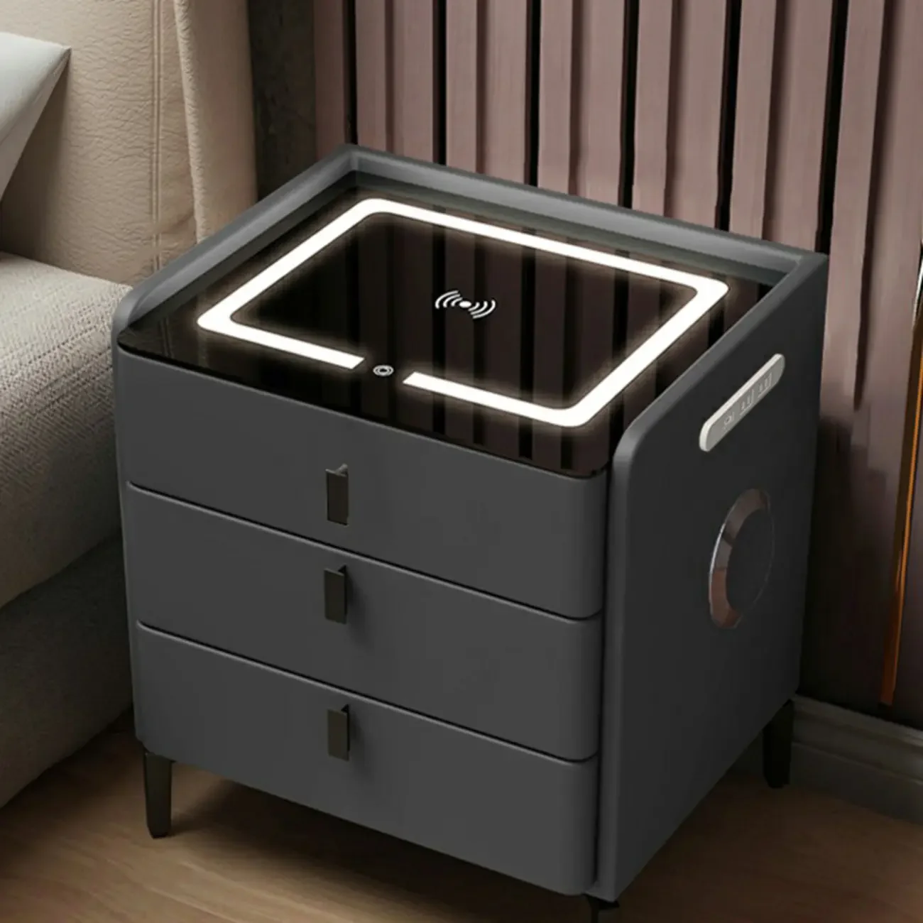 Narrow 3-Drawers Glass Top Wooden Nightstand with Light