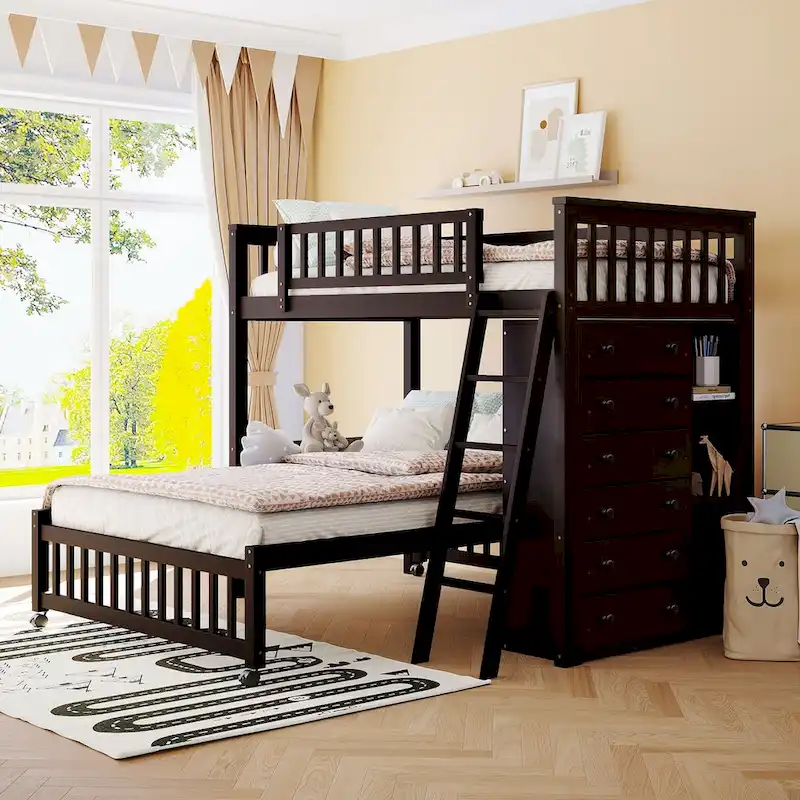 L-Shaped Twin Over Full Bunk Bed with Stairs & Storage, Espresso / Gray / White, Sleeps 2