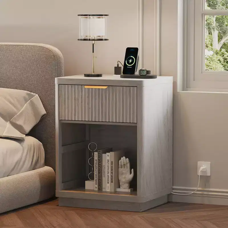 Fluted Nightstand Set of 2  Farmhouse Bedside Tables with Charging Station & 1-Drawer Storage (Mid-Century Modern)