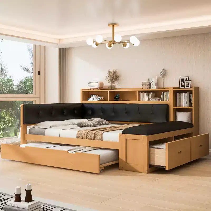 Whisen Full Size Wood Daybed Frame with Trundle, Storage Shelves, Bench and Upholstered Headboard