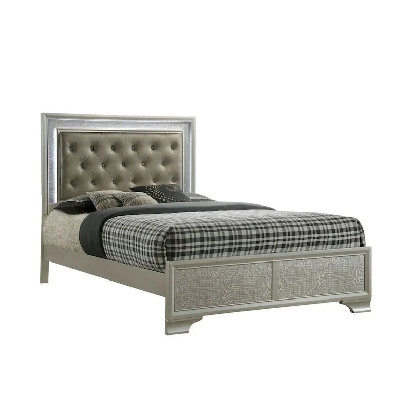 LED Light Faux Leather Upholstered Wooden Bed Chest Nightstand 3pc Set