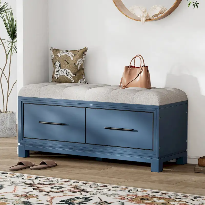 Storage Bench with Cushion - Entryway Shoe Organizer, Pine Wood, 350 LBS Capacity, Removable Cushion, Hidden Storage for Living Room Hallway