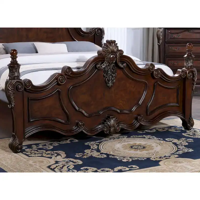 Furniture of America Eugene Traditional Dark Cherry Solid Wood Four Poster Panel Bed with Carved Details