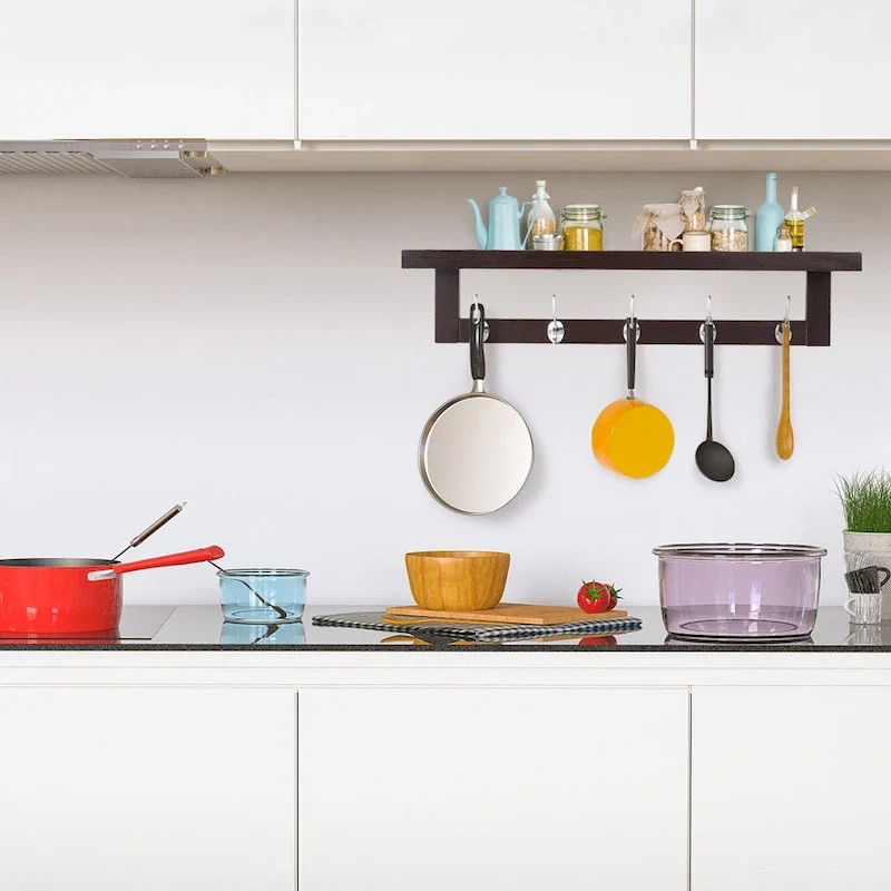 Coat Hooks with Shelf Wall-Mounted, Bamboo Hanging Shelf with 5 Double Metal Hooks