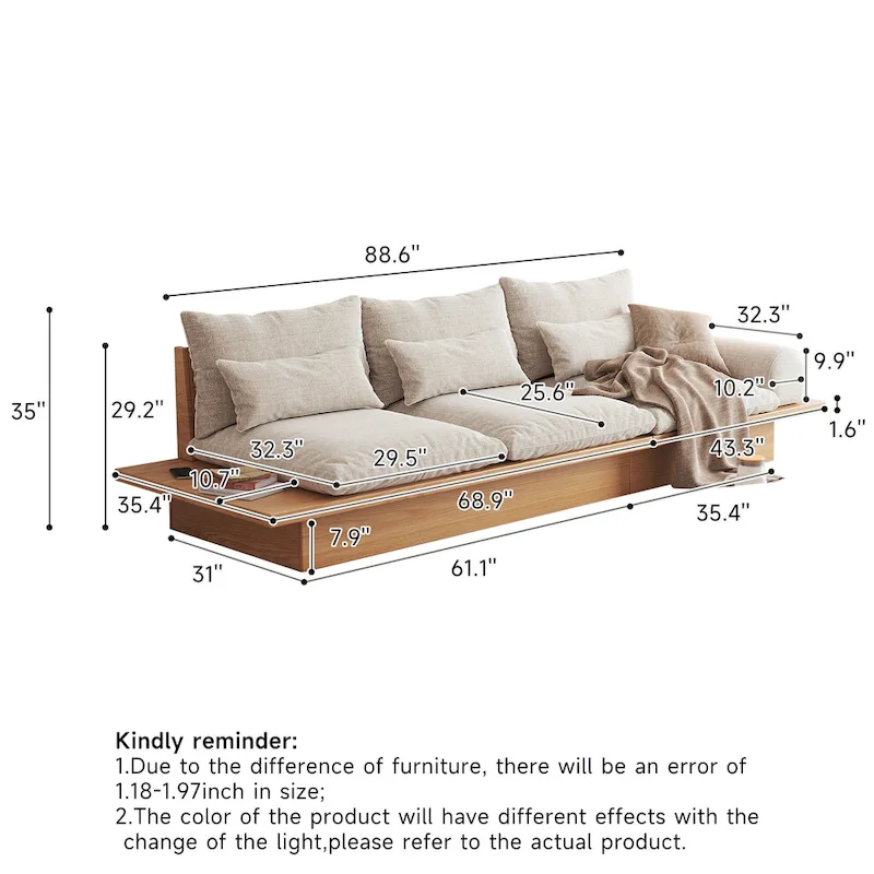 JASIWAY Cotton Line Beige Sofa With Wood Frame