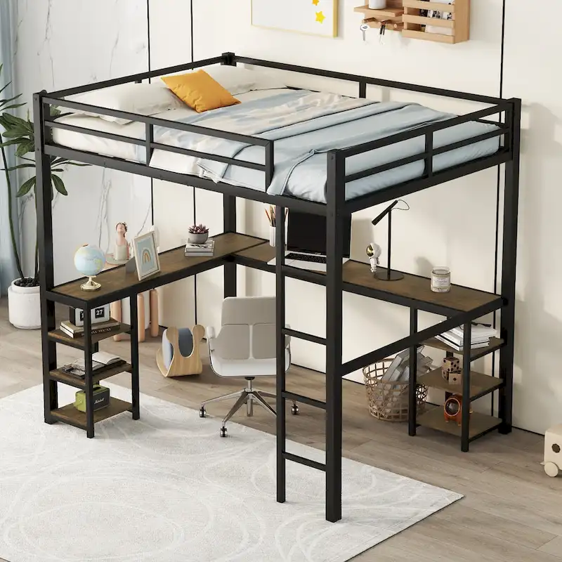 Black Full Metal Loft Bed with L-Shaped Desk, Bookshelves & Full Guardrails