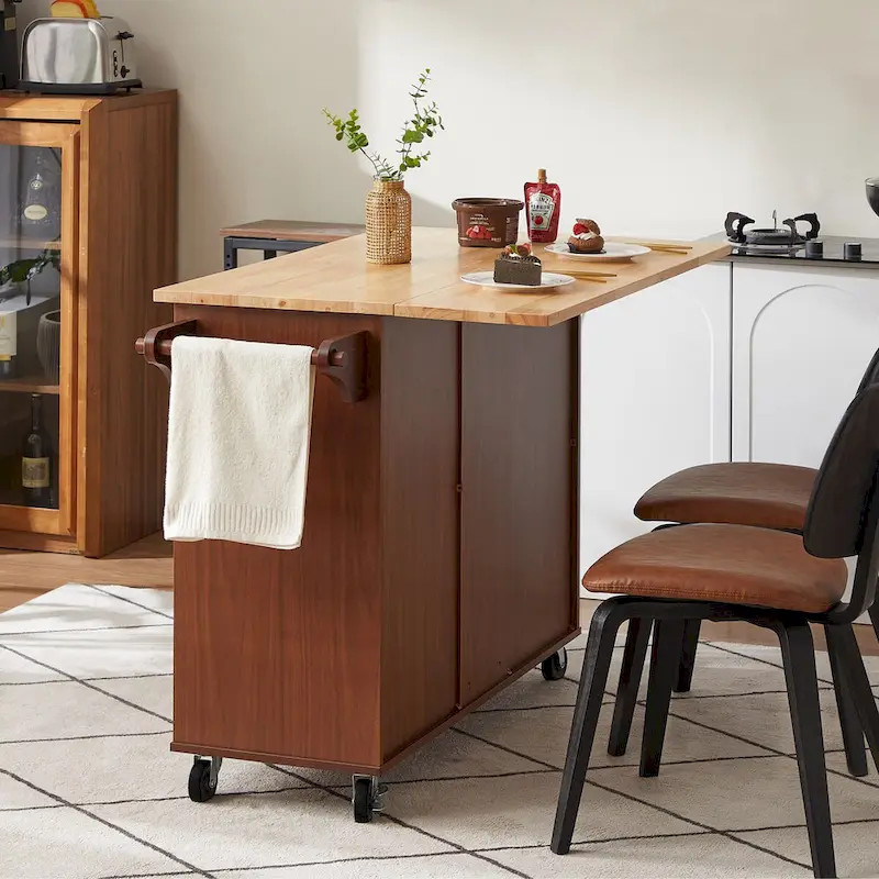 Kitchen Island with Drop Leaf Countertop and Rolling Cart