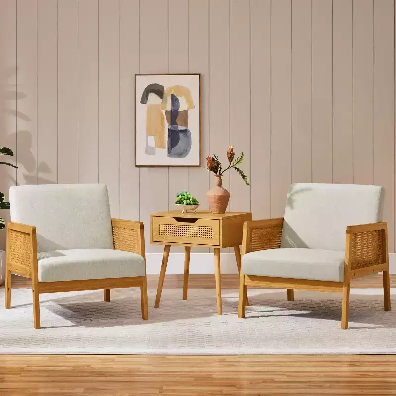 Yaheetech Set of 2 Upholstered Accent Chairs with Rattan Sides for Living Rooms, Bedrooms