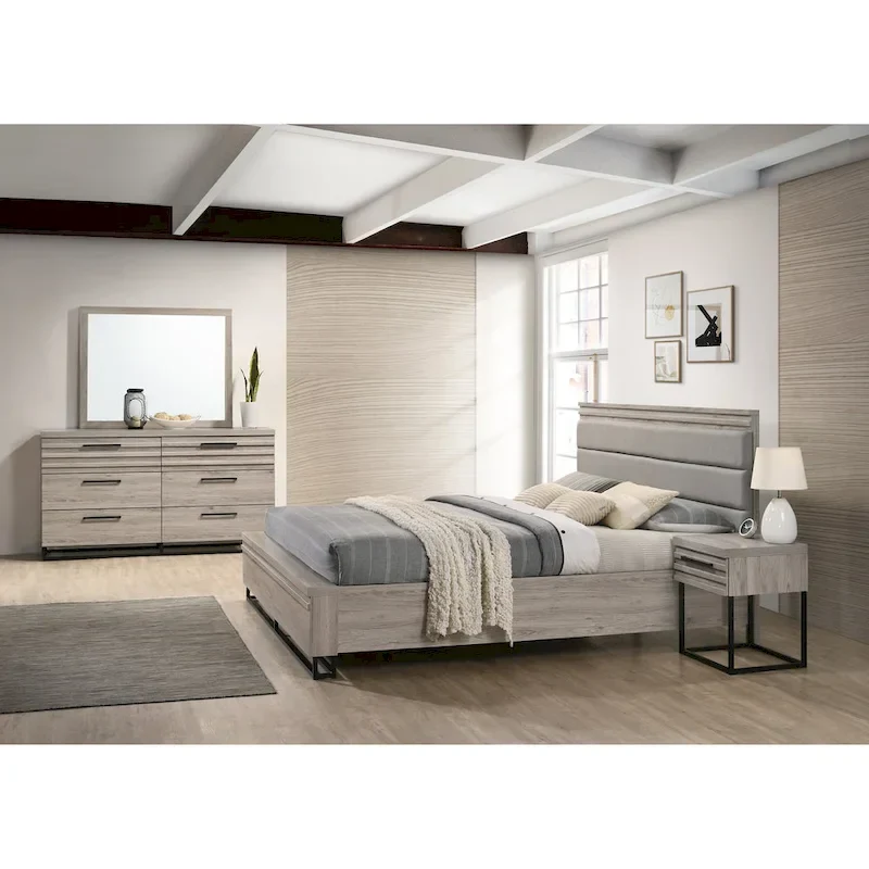 Upholstered Wood Panel Bed, Dresser, Mirror, and 2 Nightstands, Weathered Gray
