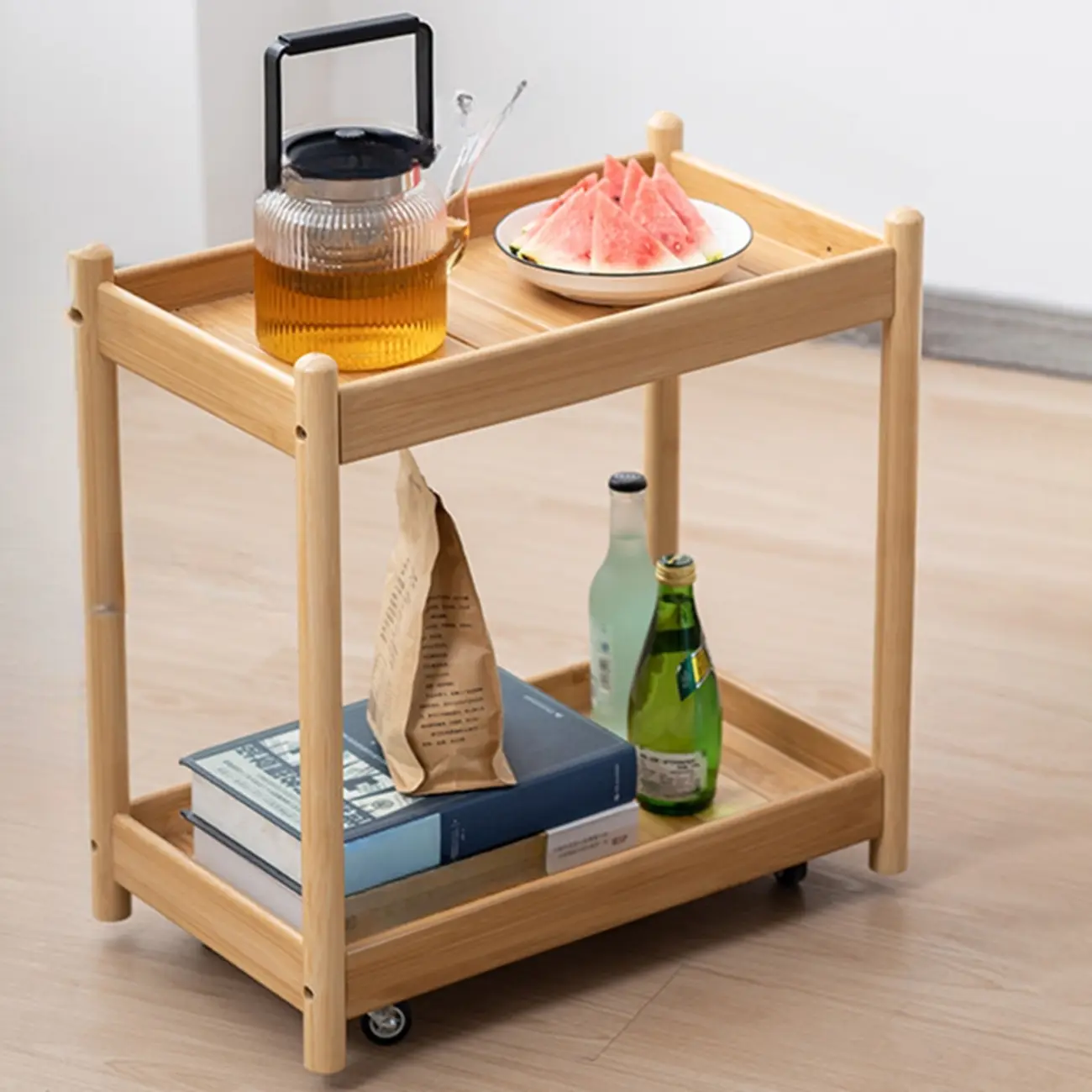 Wooden 2-Tier Side Table with Wheels for Living Room