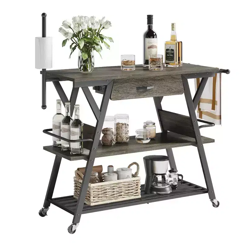 Rustic Brown / Vintage Dark Grey Rolling Kitchen Cart with 3-Tier Shelf, Lockable Wheels