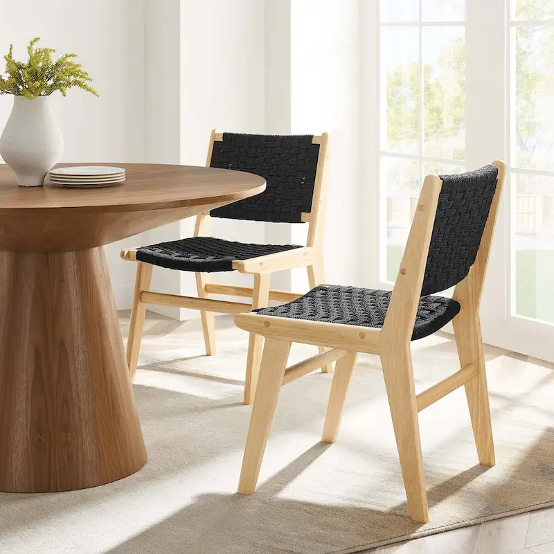 Dining Side Chair with Woven Rope Seat and Wood Frame, Set of 2