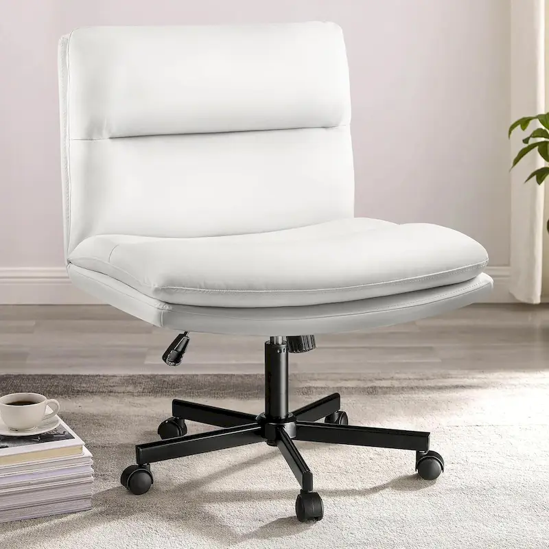 Cross Chair with Wheels,PU Leather Armless Cross Legged Office chair, Adjustable Wide Seat Task Vanity Chair