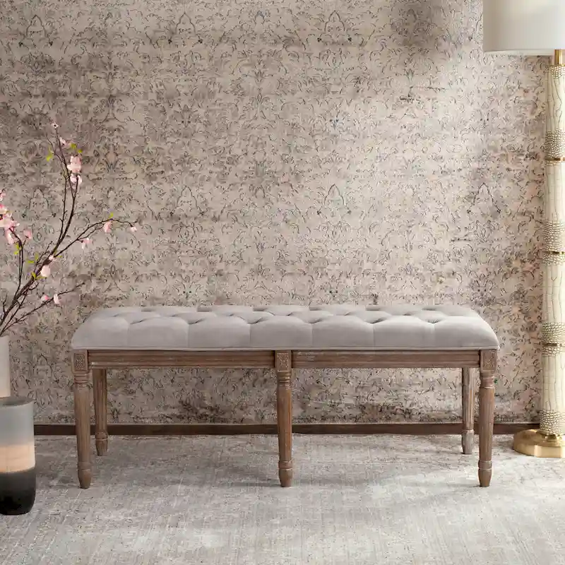 French Brasserie Tufted Rubberwood Bench in Rustic Oak Finish — 47