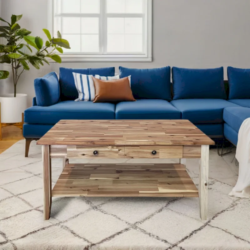Solid Acacia Coffee Table with Drawer & Bottom Shelf
