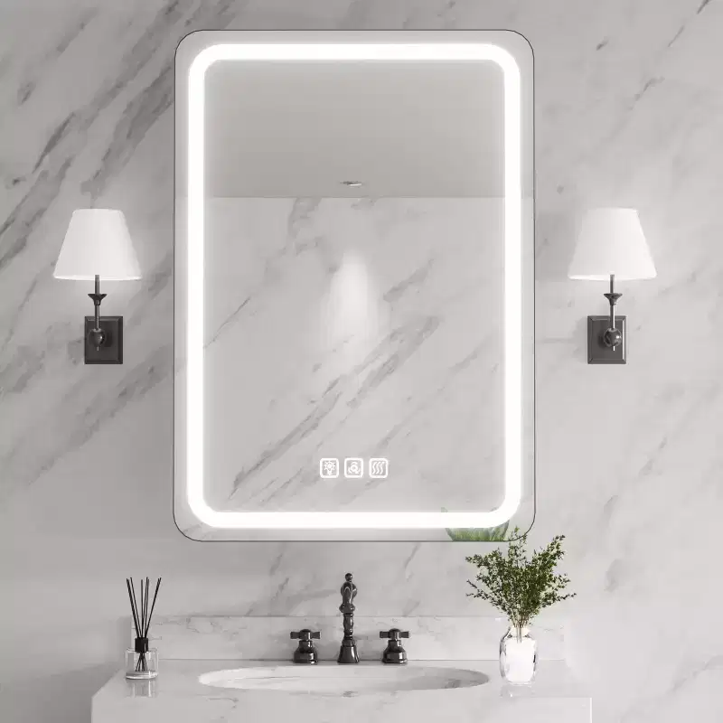 FAMYYT 20 in. W x 28 in. H Rectangular Iron Medicine Cabinet with Mirror, Dimmable LED Light, Anti-Fog and Outlets - Fully Assembled