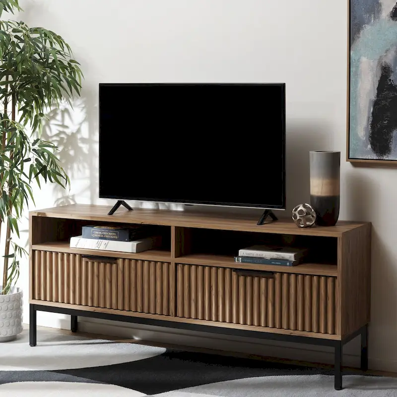 SAFAVIEH Alyse 2-Drawer 2-Shelf Entertainment Media Stand (Fits Up To 65  Flatscreen TV) - 60.4 In. x 15.6 In. x 24.8 In.