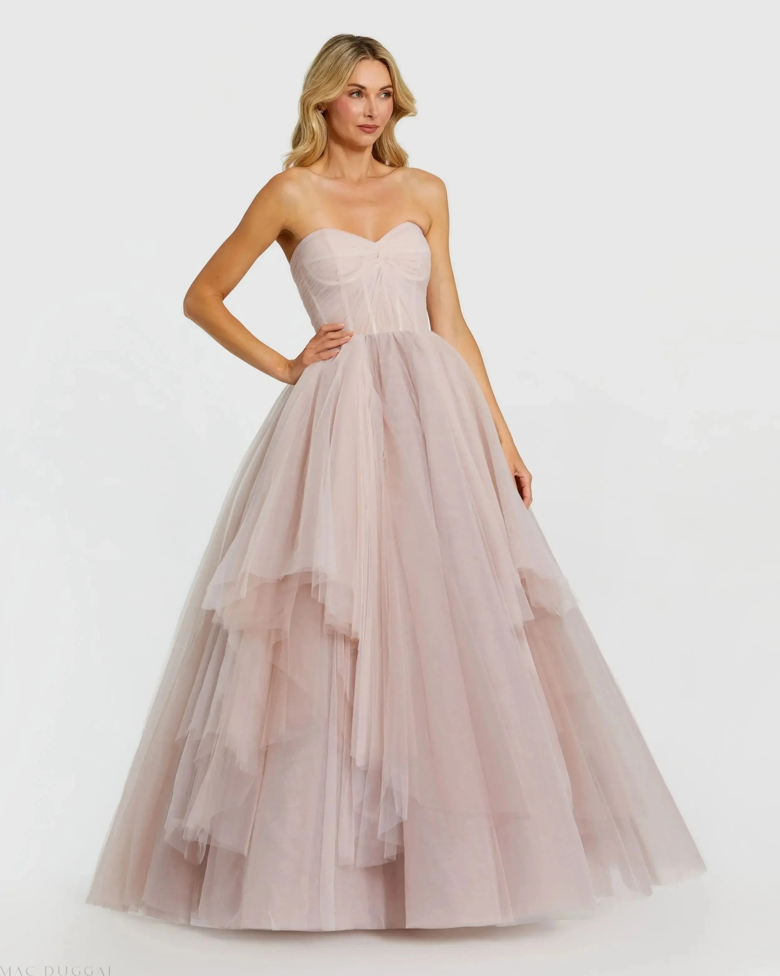 Pink Strapless Bustier Twist Top Ruffle Ballgown