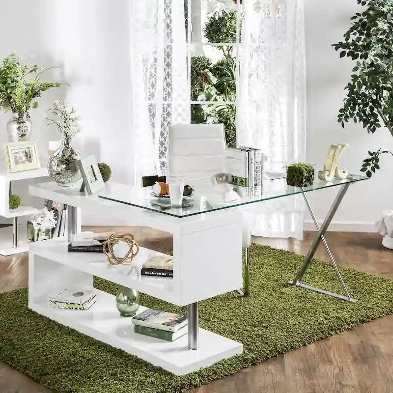 White / Pink / Black / Grey Contemporary Convertible Glass-Top Desk with X-Frame & S-Shelf Base - Single Use
