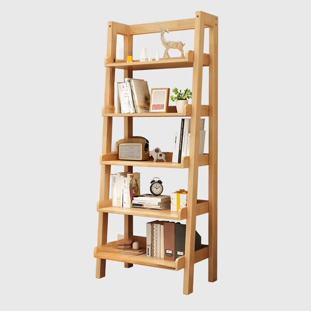 Scandinavian Rectangle Wood 5-Tier Ladder Bookcase