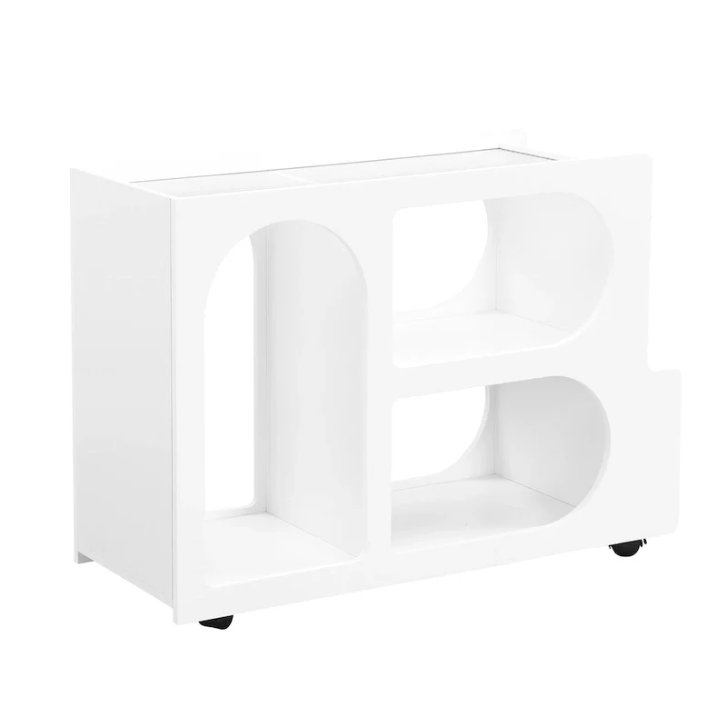 31.5  Modern Mobile End Table with 5mm Thick Fluted Tempered Glass, Lockable Wheels and Golden Round Rod