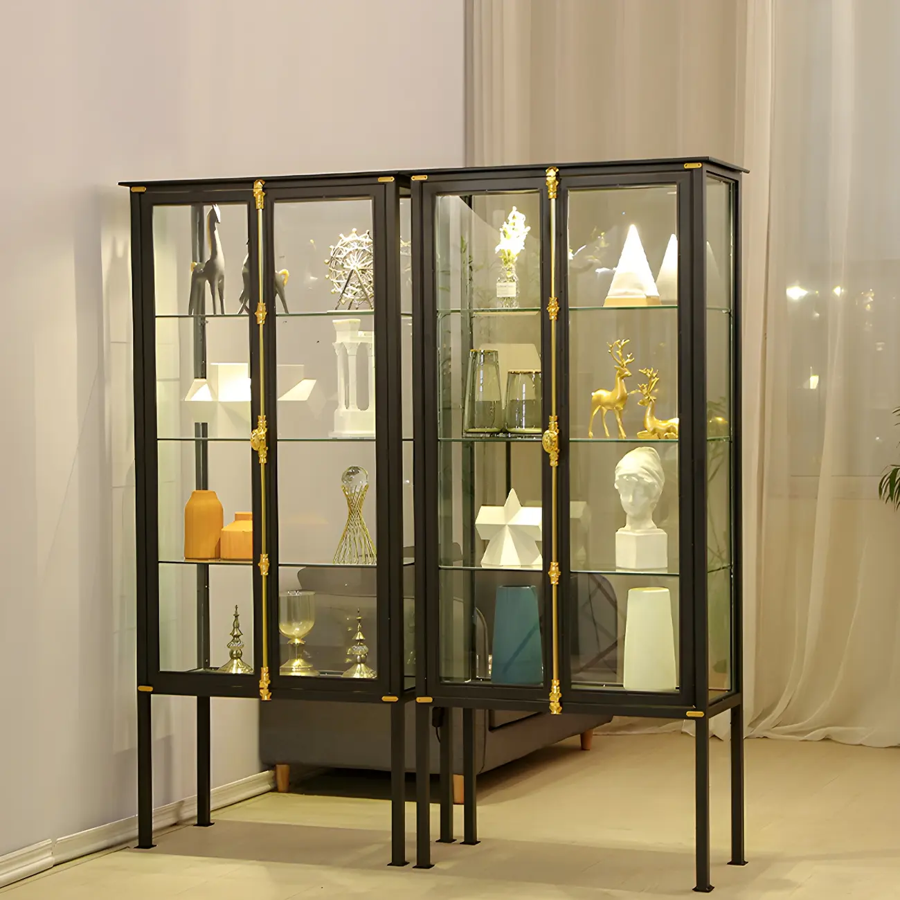 Glam Black Metal Frame Glass Curio Cabinet