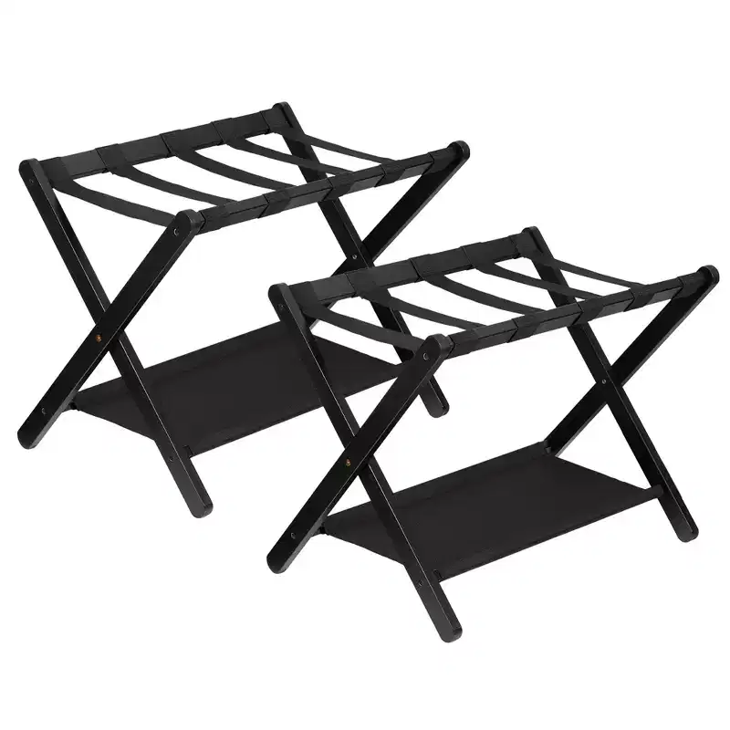 Folding Bamboo Luggage Stand with Storage Shelf Durable Nylon Straps Holds 110 lbs for Suitcases Bedrooms Guest Rooms Living Rooms Hotels