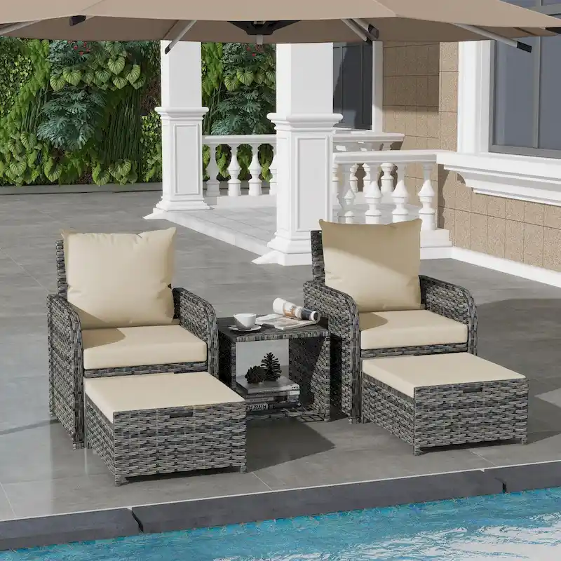 5 Pieces Patio Conversation Set with Cushions Coffee Table and 2 Ottomans