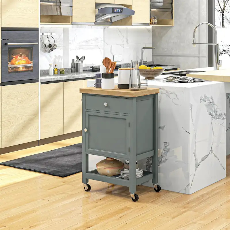 Rolling Kitchen Cart with Rubberwood Top - Storage Island on Wheels (Grey)