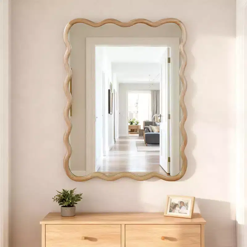 30 x 40 inch Natural Wood Color Wavy Rectangle Solid Wood Frame Wall Decorative Mirror for Home