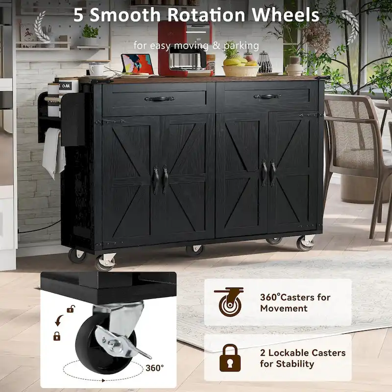 53.5 Farmhouse Kitchen Island - Power Outlet, Drop Leaf, Spice Rack, Drawer, Rolling Cart on Wheels