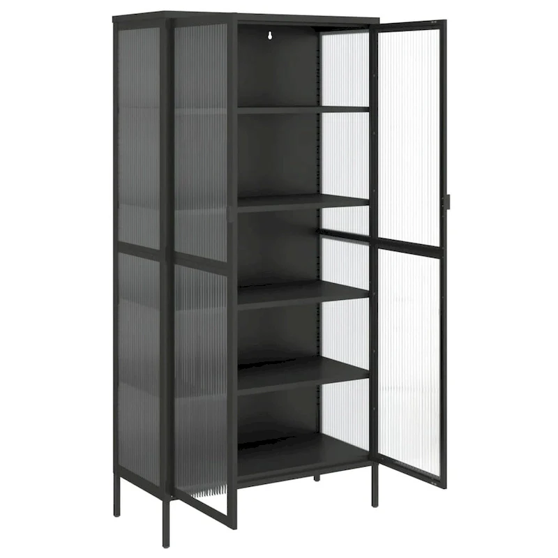 Black Highboard with Fluted Glass & Steel Frame, 33.5×15.7×70.9
