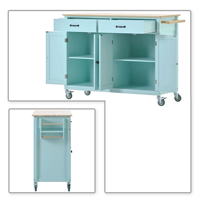 Classic Wooden Kitchen Island Cart with 2 Drawers, 2 Cabinets, a Towel Rack and a Spice Rack