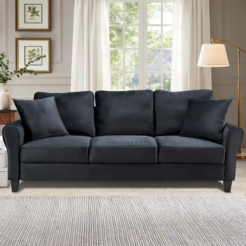 3-Seater Velvet Sofa with 2 Pillows, Black/White/Grey, Wood Frame, 3-Person