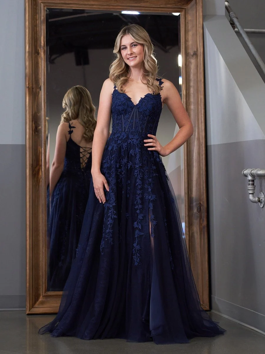 A-line V Neck Lace Tulle Prom Dress With Slit