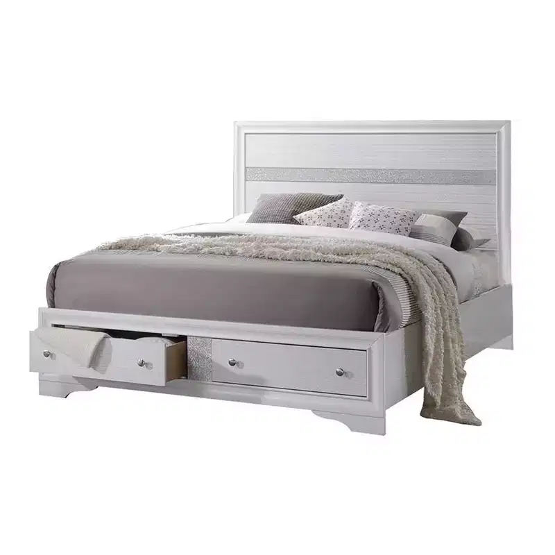 84" Queen Bed Naima Bed White - Acme Furniture: Contemporary Glossy Platform with Built-In Storage