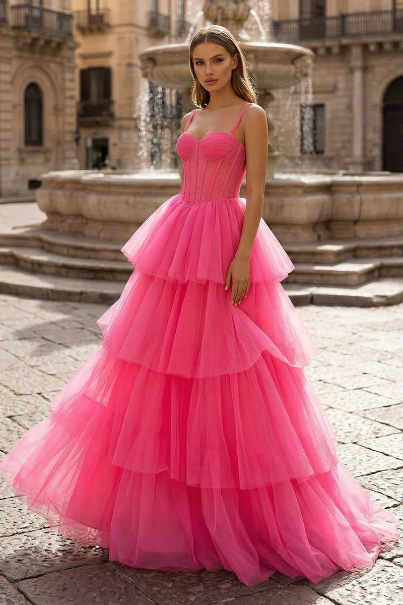Hot Pink Ball Gown Tiered Tulle Long Prom Dress