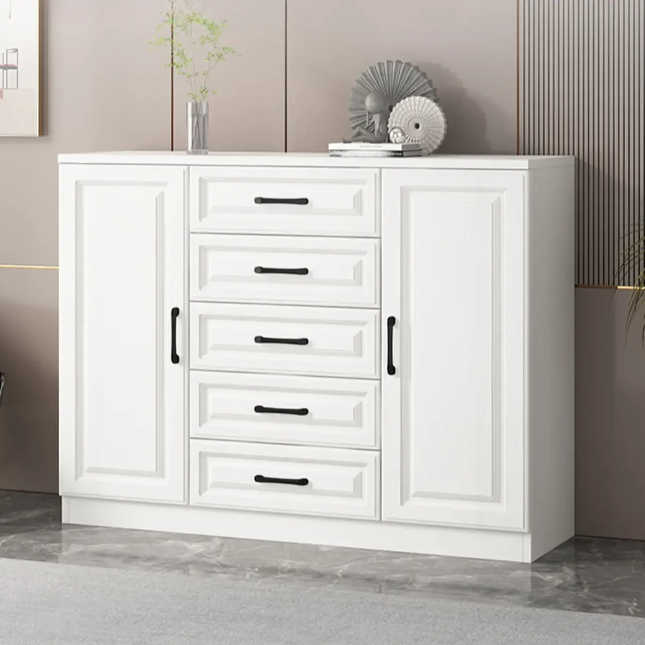 Freestanding White Wooden Cabinet with Drawers & Doors