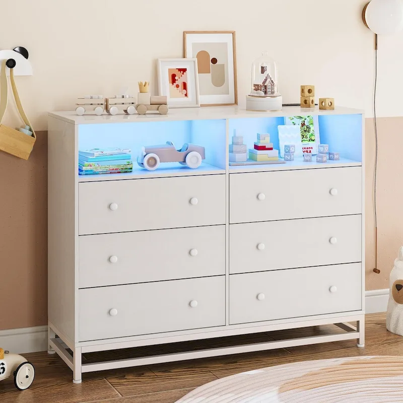 White / Black / Pink 6-Drawer Wide Dresser with RGB LED Lights & Charging Station, 1-Person