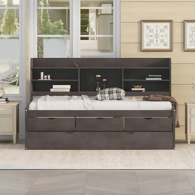 Twin Pine Captain Bed with Shelves, Drawers & Trundle