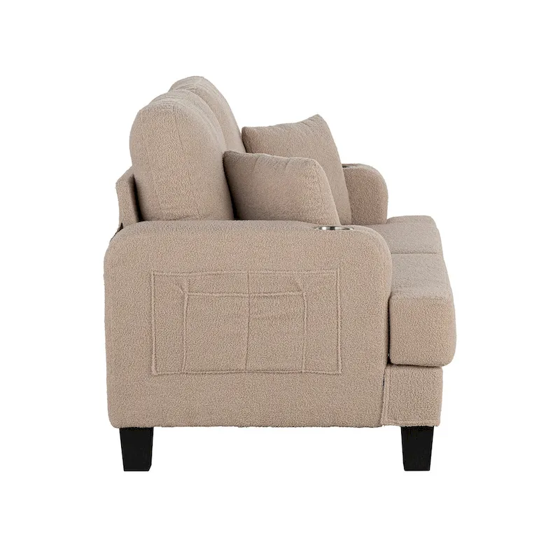 61 Small Beige Loveseat Sofa with 2 Pillows and Cup Holder