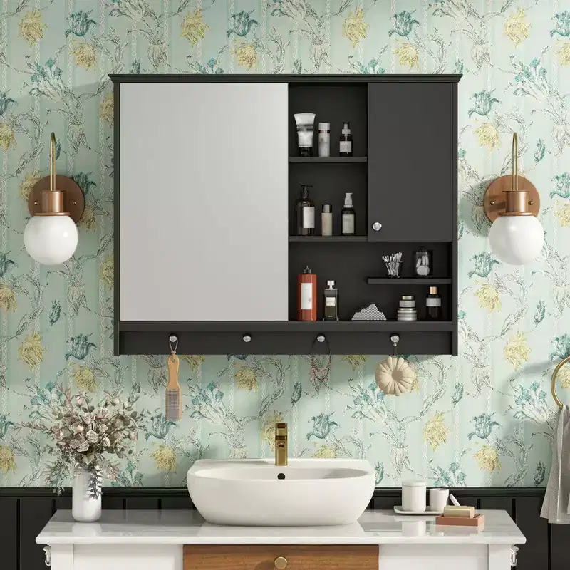 Okak Wall Mounted Bathroom Storage Cabinet, Medicine Cabinet with Mirror&Adjustable Shelves, 1 Door&Towel Hooks, Bathroom Organizer