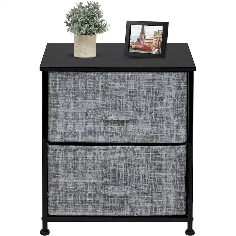 Black Nightstand with 2 Fabric Drawers and Wood Top