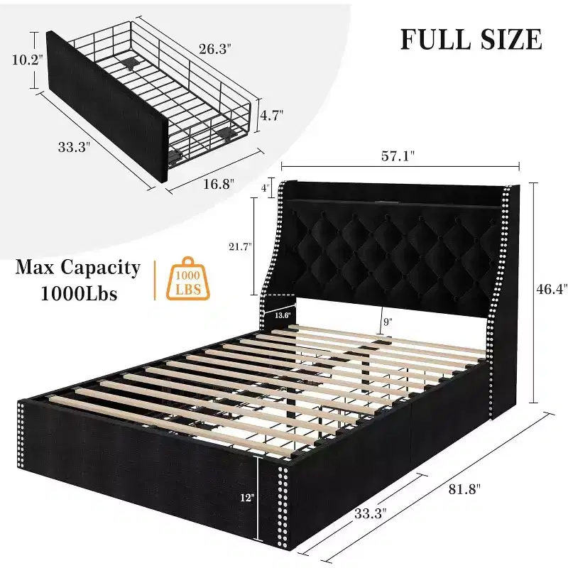 Acekool 2 Pack Upholstered Platform Bed Frame with Storage Drawers, Charging Headboard